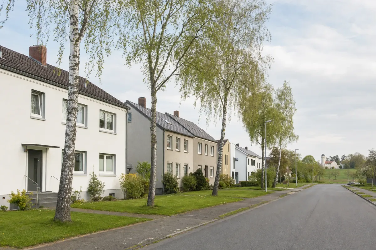 Wohnstraße in Wolfsburg: die für die Stadt typische Bebauung, im Hintergrund über den Dächern ein Wahrzeichen der Stadt.