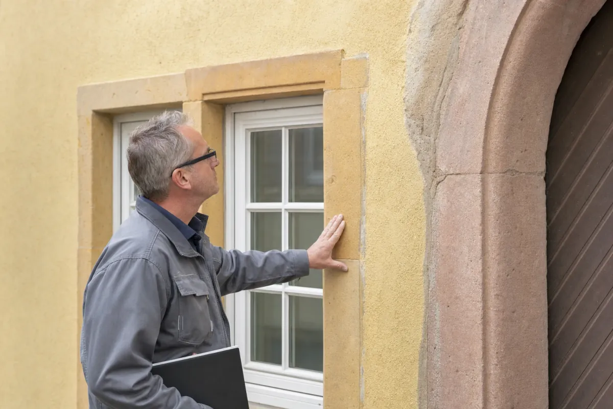 Ein Energieberater prüft von außen den Anschluss zwischen Fensterrahmen und Wand an einem für Worms typischen Wohnhaus.