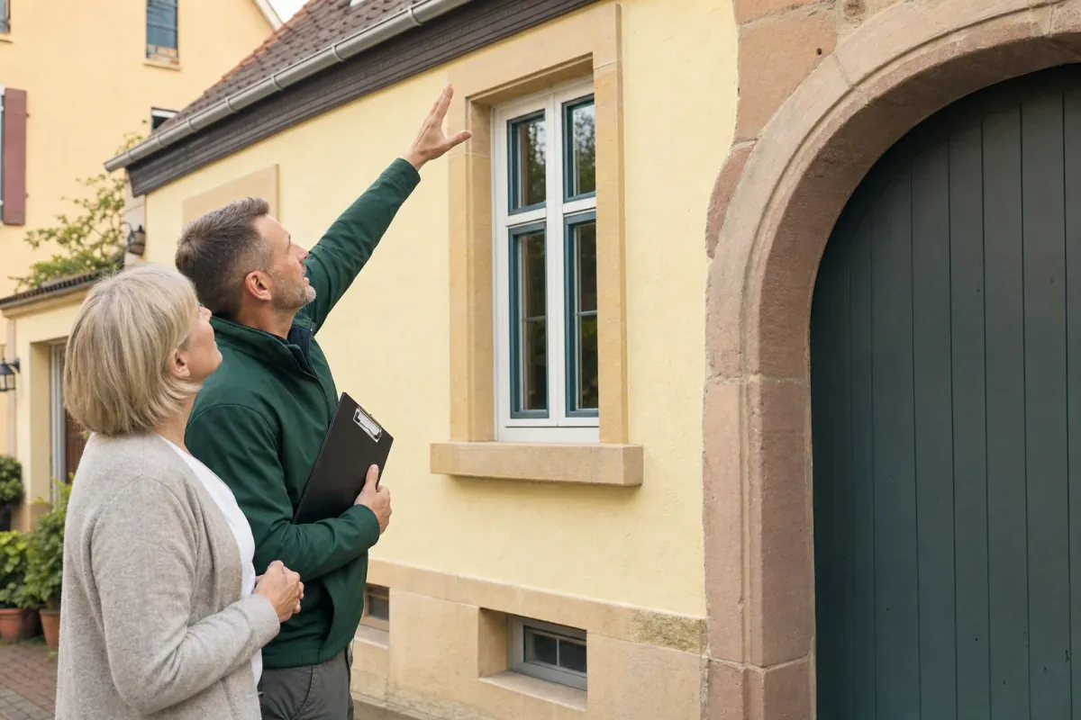 Ein Energieberater und eine Eigentümerin stehen vor einem für Worms typischen Wohnhaus und sehen zum Dachrand hinauf.