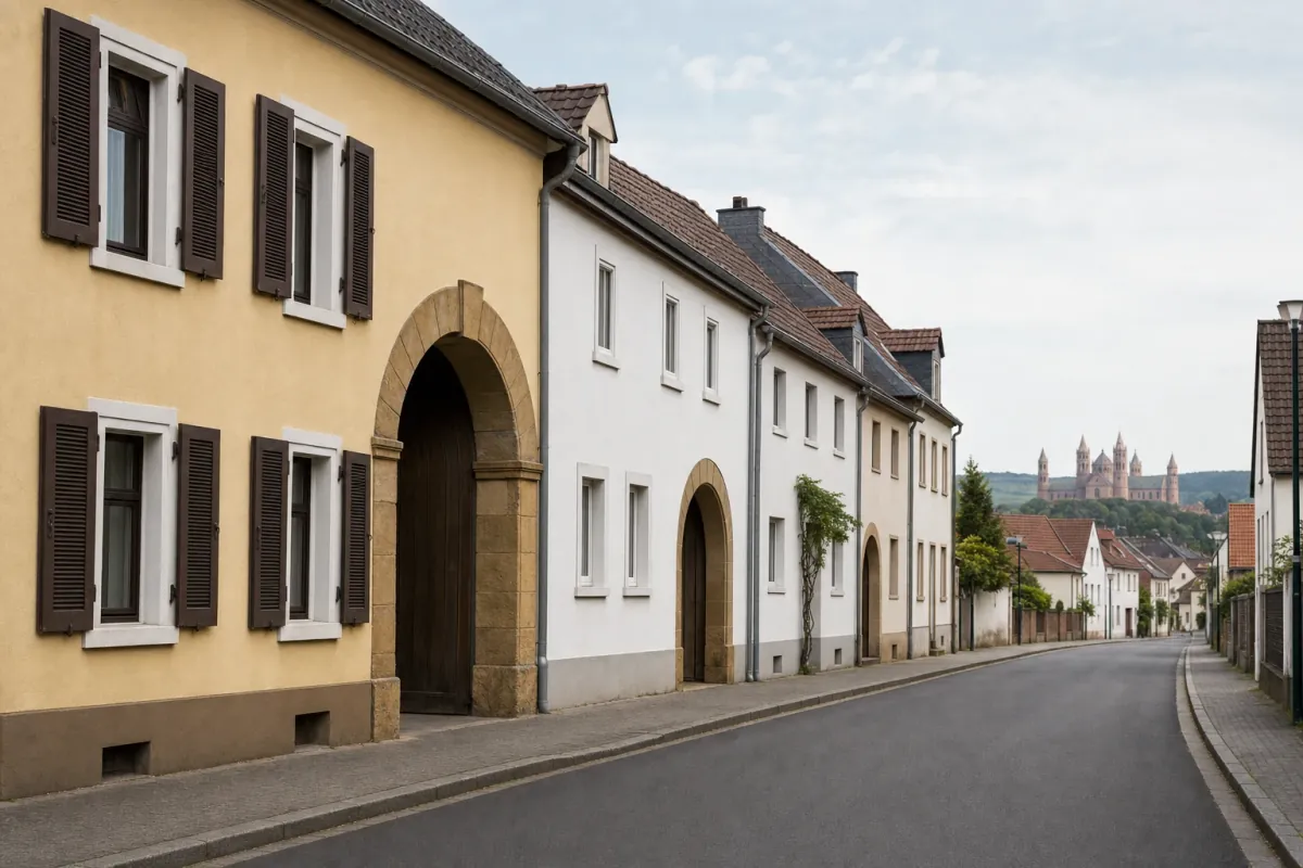 Wohnstraße in Worms: die für die Stadt typische Bebauung, im Hintergrund über den Dächern ein Wahrzeichen der Stadt.