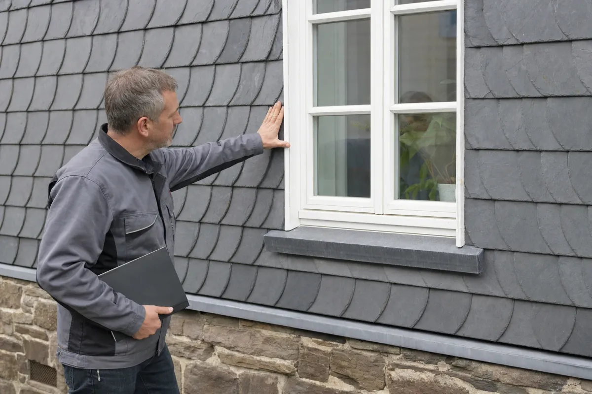 Ein Energieberater prüft von außen den Anschluss zwischen Fensterrahmen und Wand an einem für Wuppertal typischen Wohnhaus.