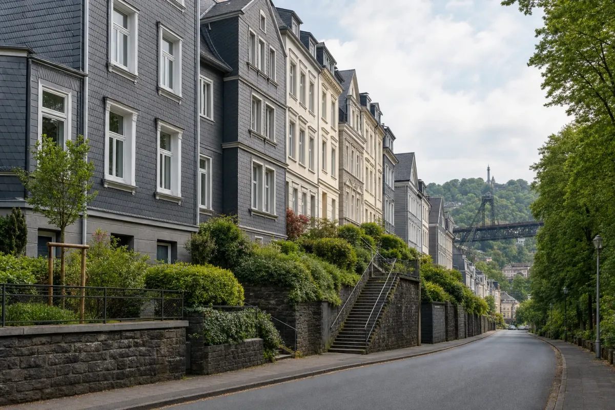 Wohnstraße in Wuppertal: die für die Stadt typische Bebauung, im Hintergrund über den Dächern ein Wahrzeichen der Stadt.