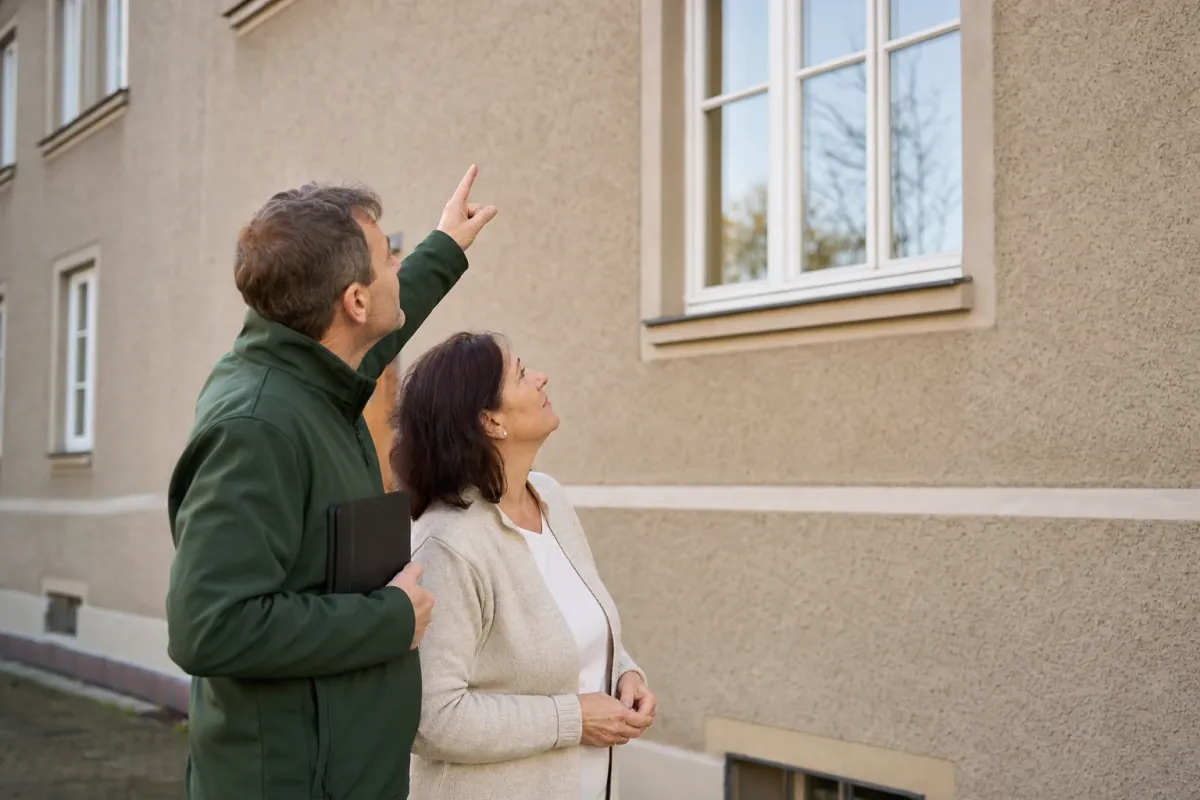 Ein Energieberater und eine Eigentümerin stehen vor einem für Zwickau typischen Wohnhaus und sehen zum Dachrand hinauf.