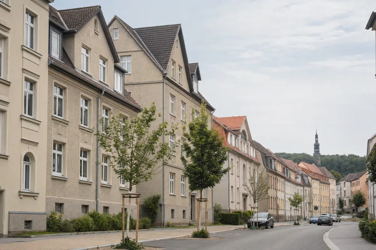Wohnstraße in Zwickau: die für die Stadt typische Bebauung, im Hintergrund über den Dächern ein Wahrzeichen der Stadt.