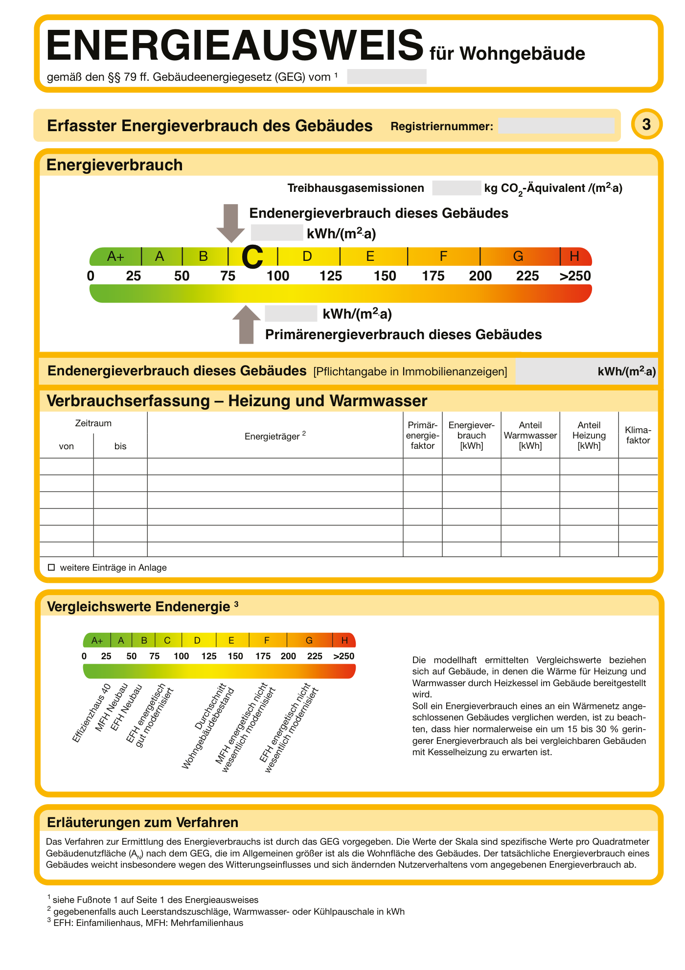 Musterseite eines Verbrauchsausweises mit erfasstem Energieverbrauch des Gebäudes nach dem Gebäudeenergiegesetz